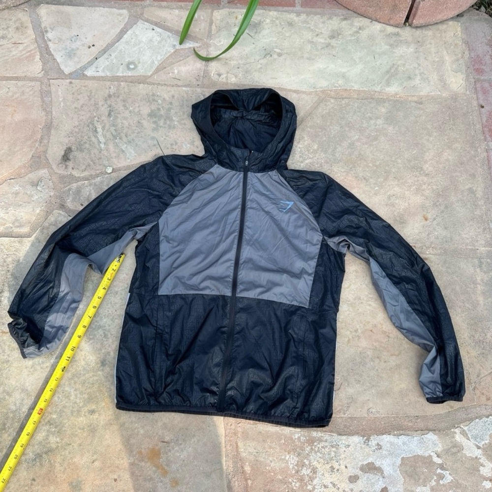 Gymshark Black and Gray Windbreaker Lightweight Hooded Jacket